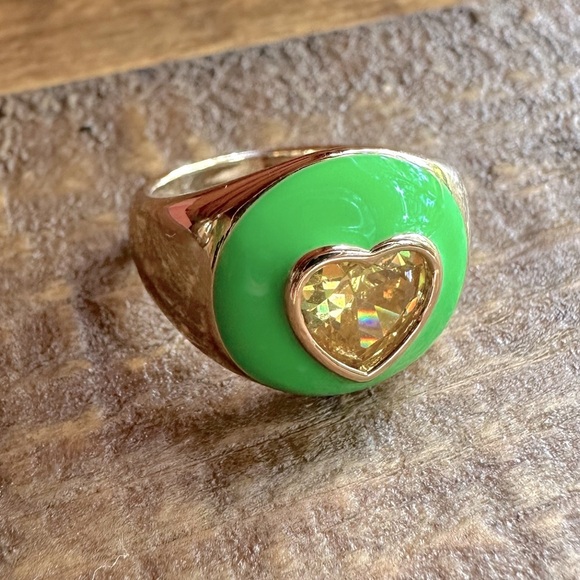 Lime Green Enamel Canary Yellow CZ Heart Park Lane Jewelry Zest Ring SZ 6 - Picture 1 of 12
